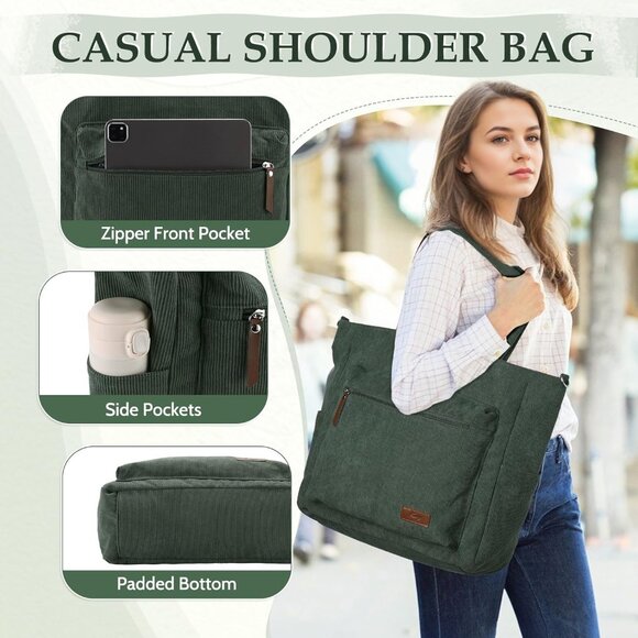 Dark Green Corduroy Large Tote Bag for Women with Zipper, Casual, Stylish, Versa - Picture 4 of 7